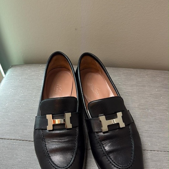 Hermes Shoes - Hermes Black Leather Mules with Silver Accent